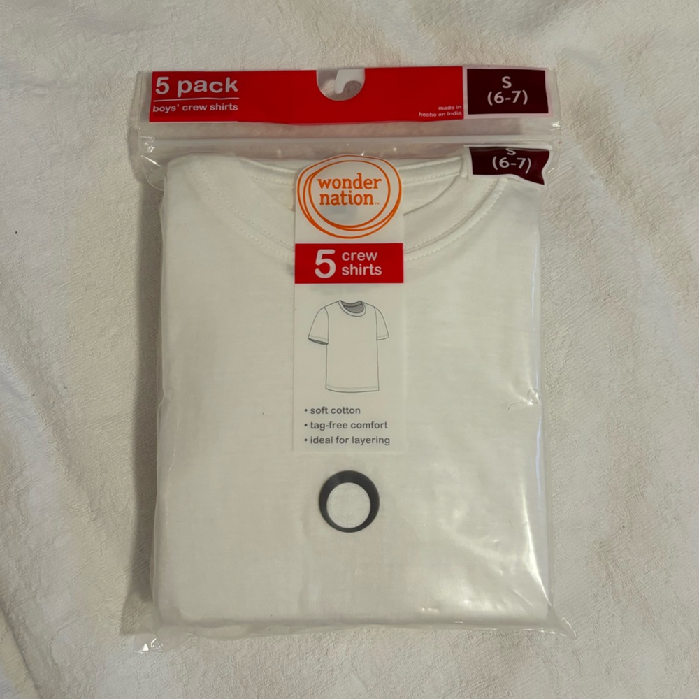 5 pack boys plain white crew shirts size small